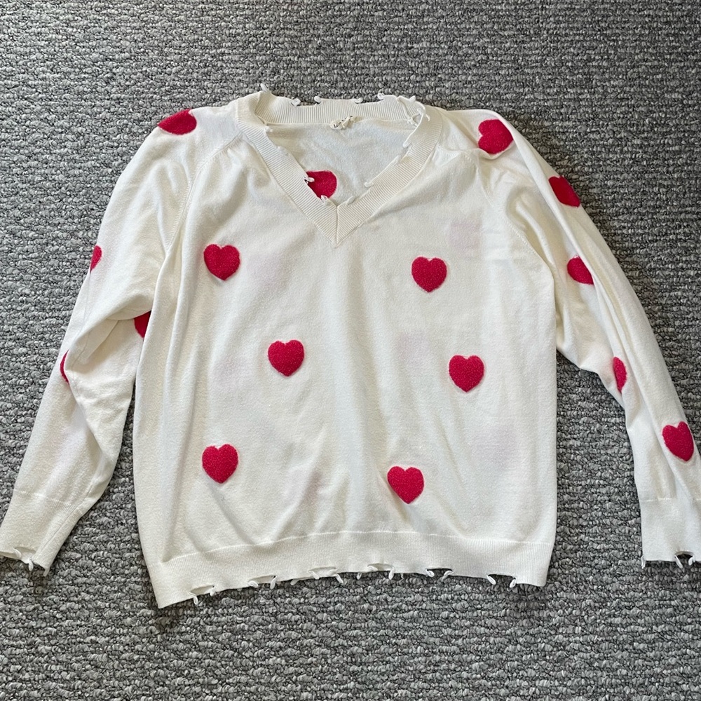 Red and White V-Neck Heart Sweater